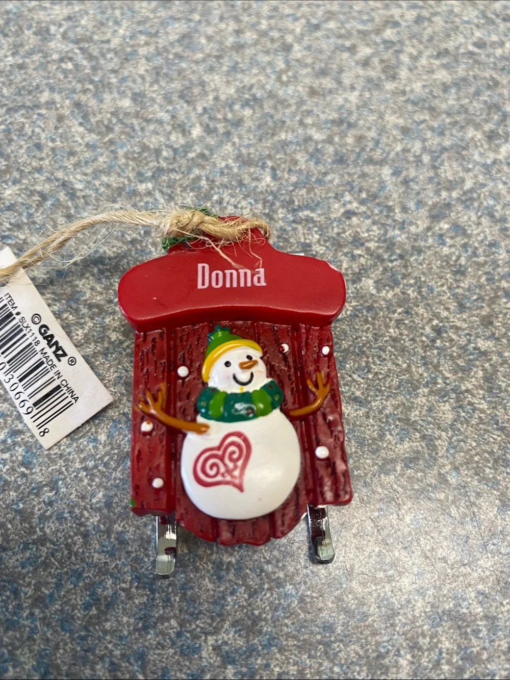 GANZ NEW Red Sled with Snowman Ornament with The Name Donna on top of Sled